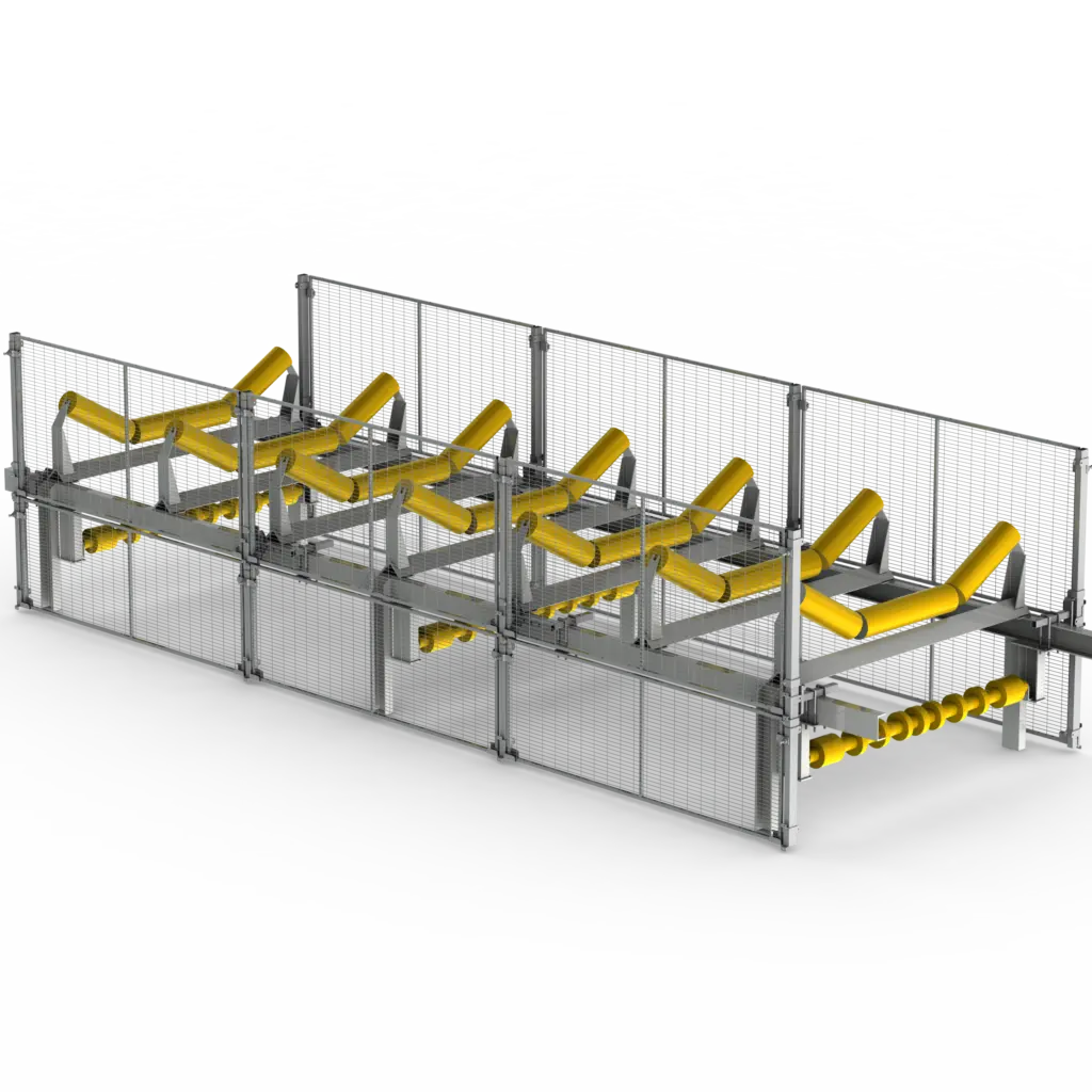 Protecție din oțel Troax pentru conveioare cu bandă – sistem modular cu detalii galbene