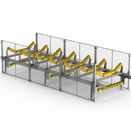 Protecție din oțel Troax pentru conveioare cu bandă – sistem modular cu detalii galbene