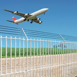 Gard frangibil radio-transparent din fibră de sticlă, cu bare – avion în zbor deasupra gardului