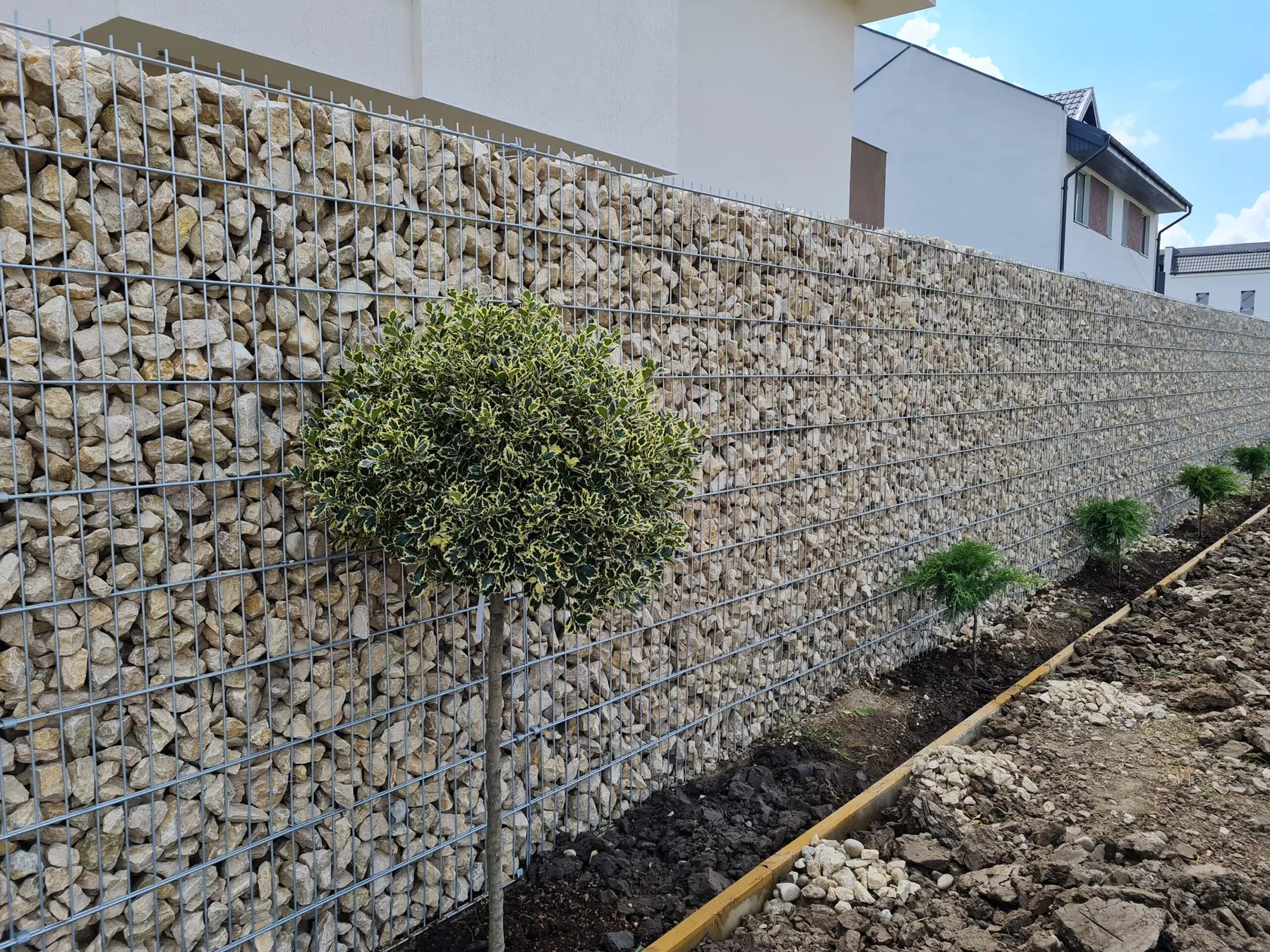 Gard din gabioane cu piatră – plante decorative, zonă rezidențială