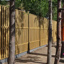 Gard fonoabsorbant din lemn Noistop Wood – lamele galbene, zonă verde