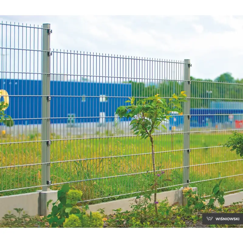 Gard panou dublu fir 2D Super zincat 2.23 x 2.5 m, sârmă 8/6/8 mm – montat lângă o clădire albastră