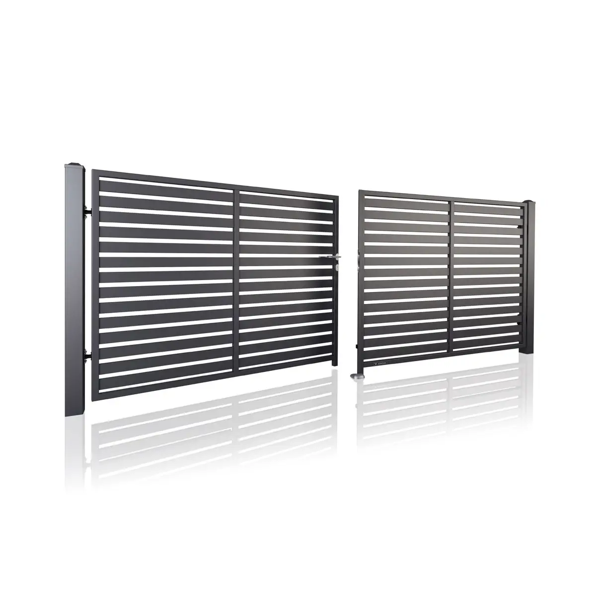 Poartă batantă auto Modern 10.104 – două canate cu lamele verticale, deschisă
