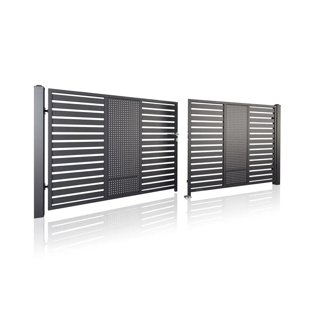Poartă batantă auto Modern 10.108 – lamele orizontale perforate, un canat deschis