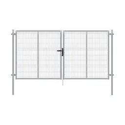 Poartă batantă dublă zincată bordurată Pilofor 4 x 2.04 m – plasă metalică pe stâlpi, închidere centrală