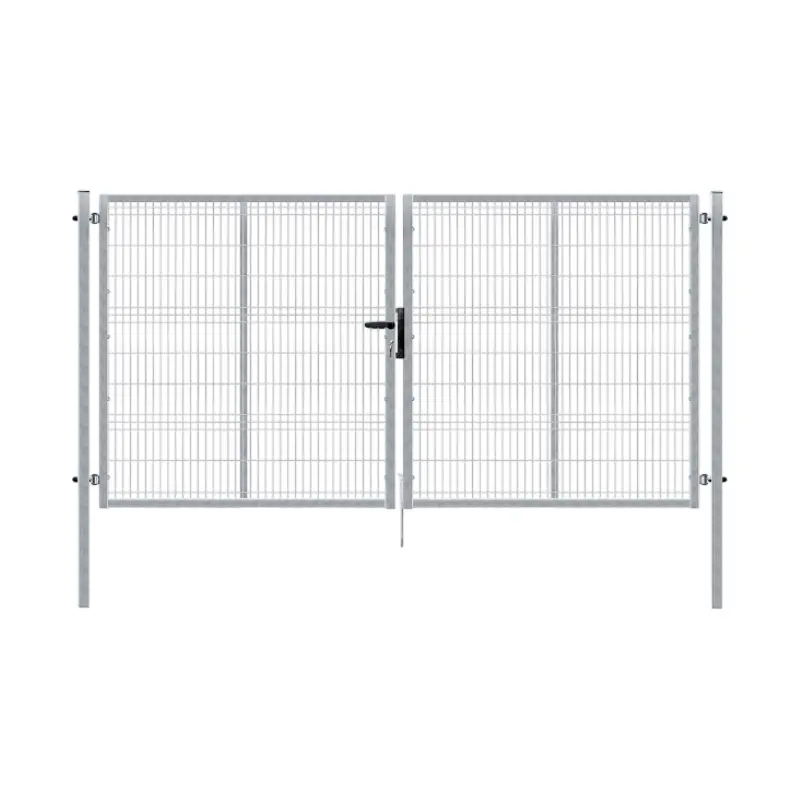 Poartă batantă dublă zincată bordurată Pilofor 4 x 2.04 m – plasă metalică pe stâlpi, închidere centrală