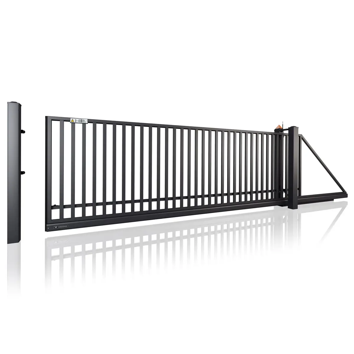 Poartă culisantă Classic 10.70 – lamele verticale negre, mecanism de acționare