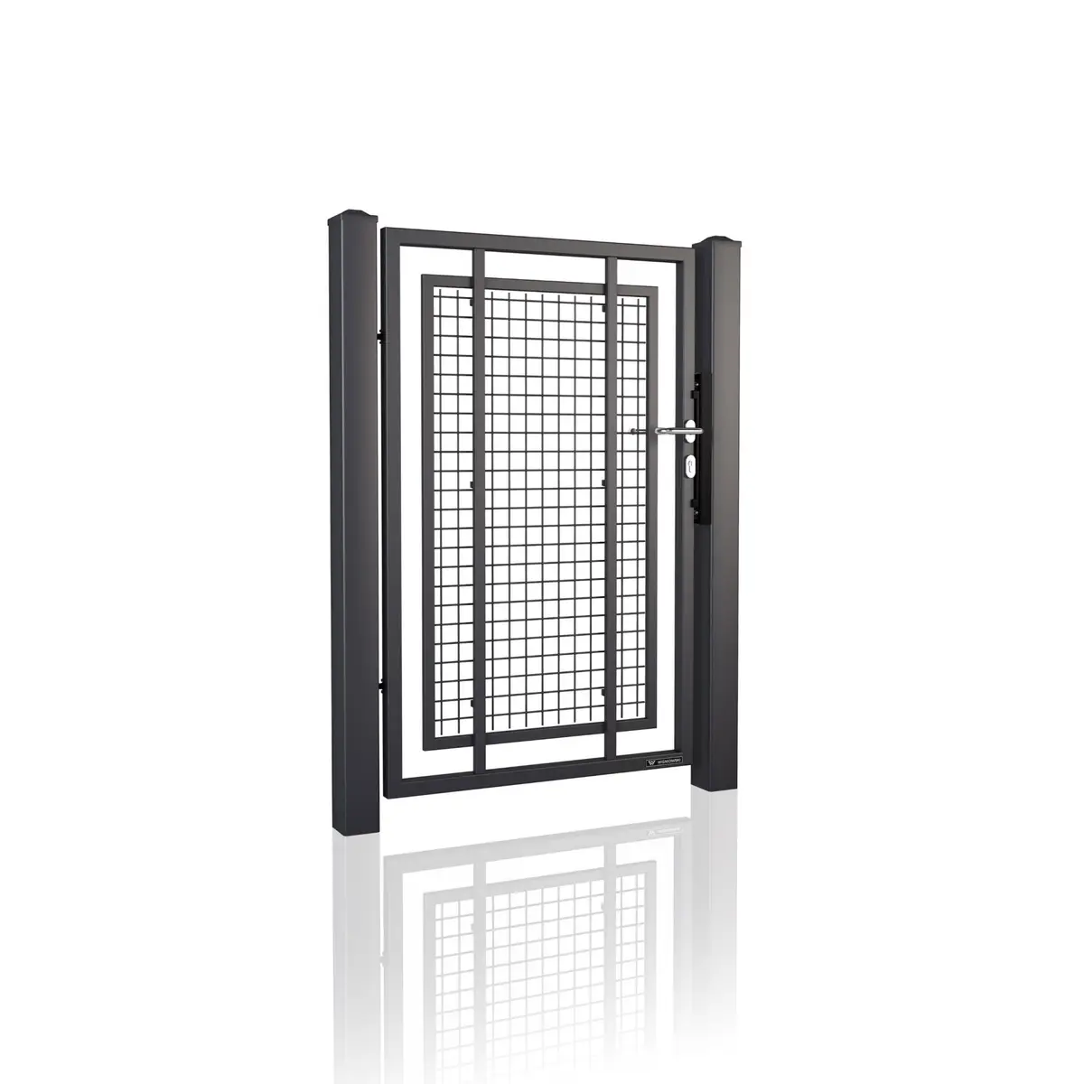 Poartă pietonală Modern 10.100 – plasă cu cadru negru, închidere laterală