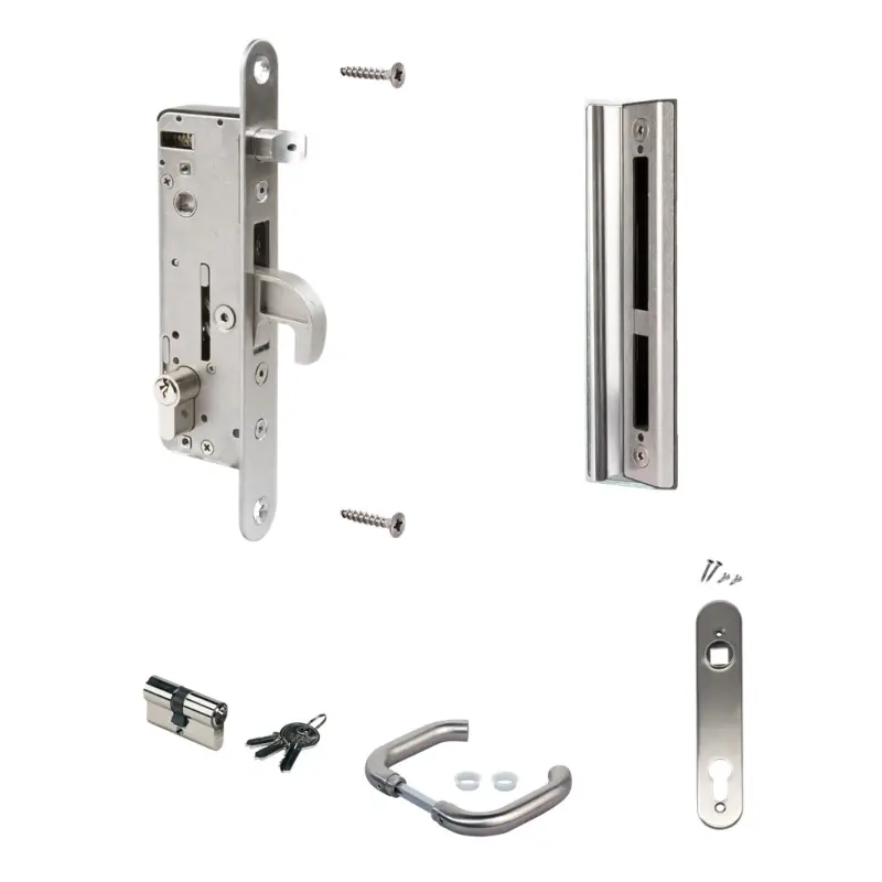 Încuietoare încastrabilă Locinox H-Metal, kit inox, pentru porți metalice – cilindru, bolț, capac și șuruburi