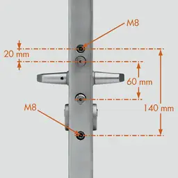 Încuietoare Locinox LAKQ U2 argintie, inox și aluminiu, pentru porți metalice – desen cu cotele de prindere