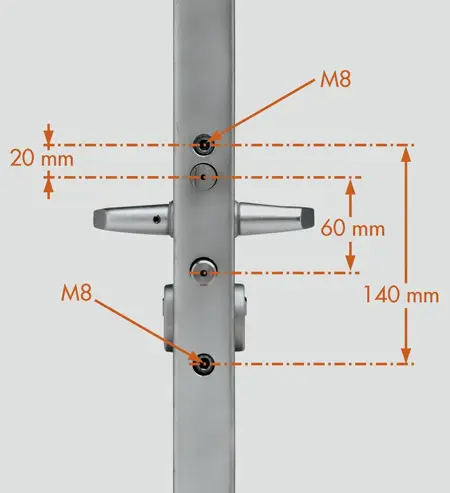 Încuietoare Locinox LAKQ U2 argintie, inox și aluminiu, pentru porți metalice – desen cu cotele de prindere