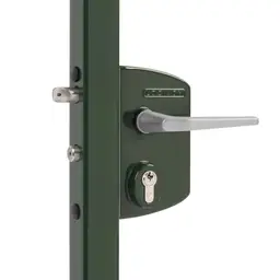 Încuietoare Locinox LAKQ U2 verde brad, inox și aluminiu, pentru porți metalice – montată pe stâlp, cu cheie
