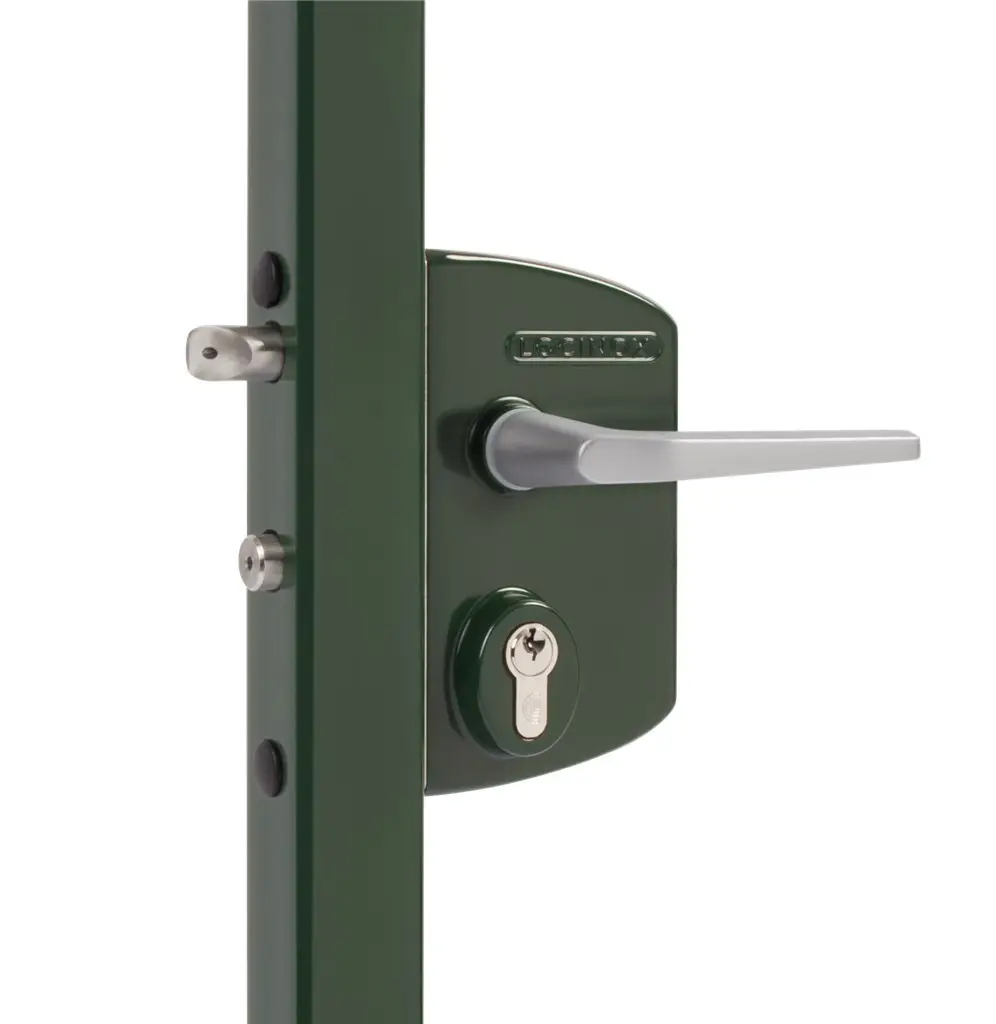 Încuietoare Locinox LAKQ U2 verde brad, inox și aluminiu, pentru porți metalice – montată pe stâlp, cu cheie