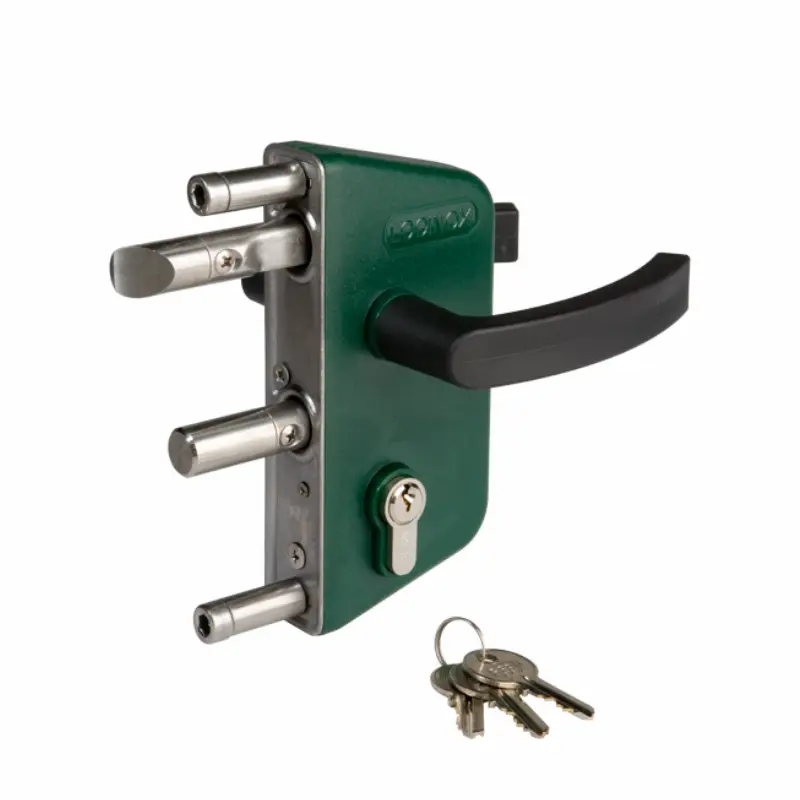Încuietoare aplicată Locinox LAKZ P1 verde, pentru poartă metalică – broască cu cheie și mâner