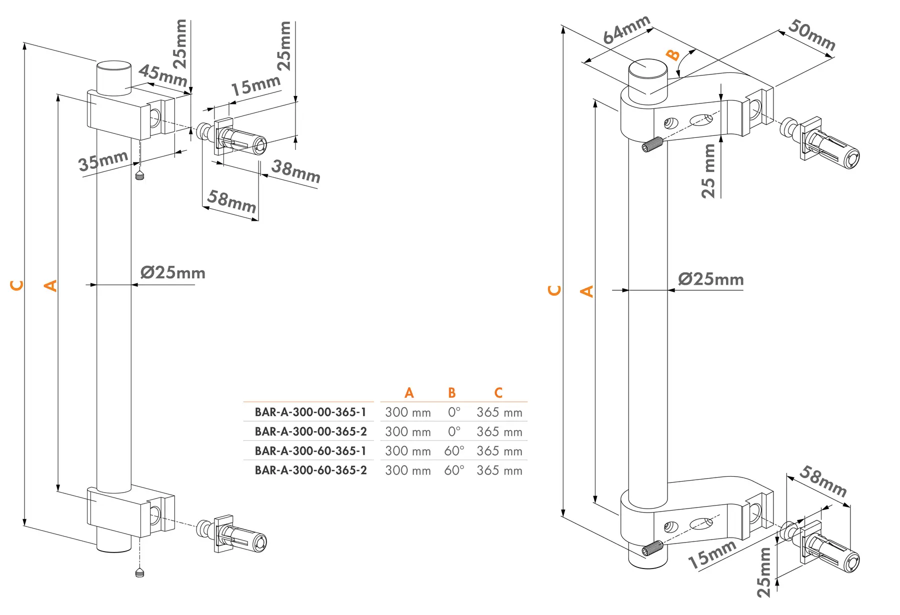 Mâner fix din aluminiu eloxat BAR-A, 60° – desen tehnic de montaj cu dimensiuni