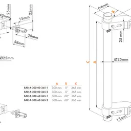 Mâner fix din aluminiu eloxat BAR-A, 60° – desen tehnic de montaj cu dimensiuni