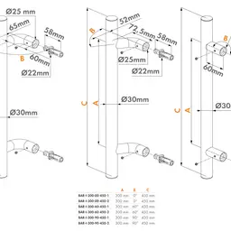 Mâner fix din oțel inoxidabil BAR-I, 60° – schiță tehnică cu dimensiuni și coliere