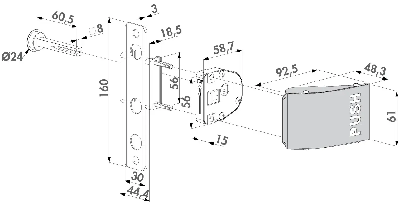 Set mâner antipanică cu apăsare 3006PUSH – desen tehnic cu dimensiuni