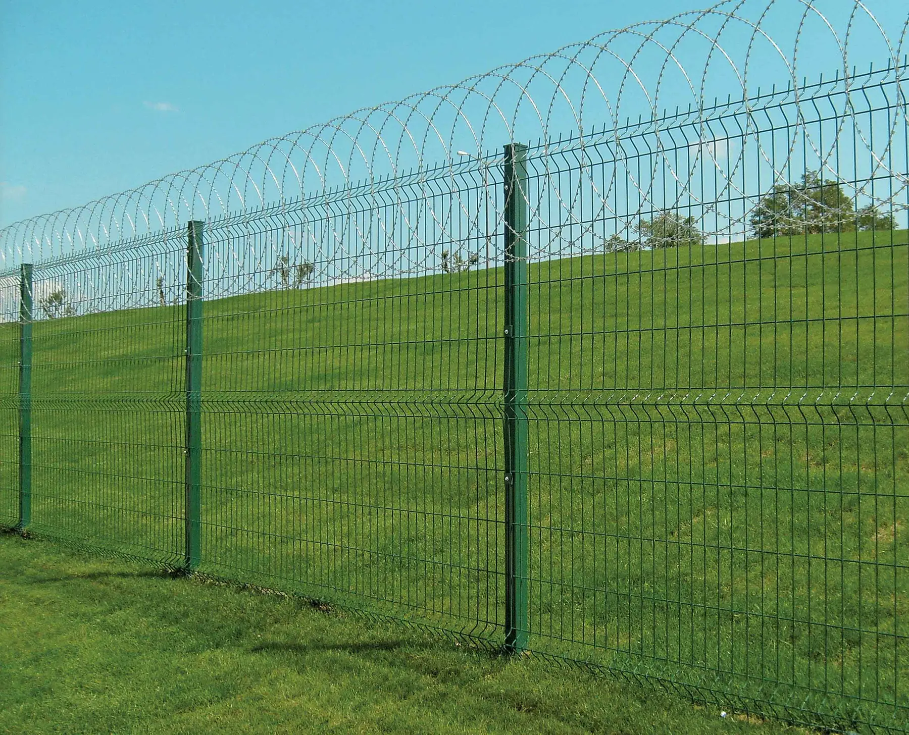 Accesoriu de gard: sârmă lamată concertina plană D 450 mm, întinsă 6 m – montată pe gard, teren verde