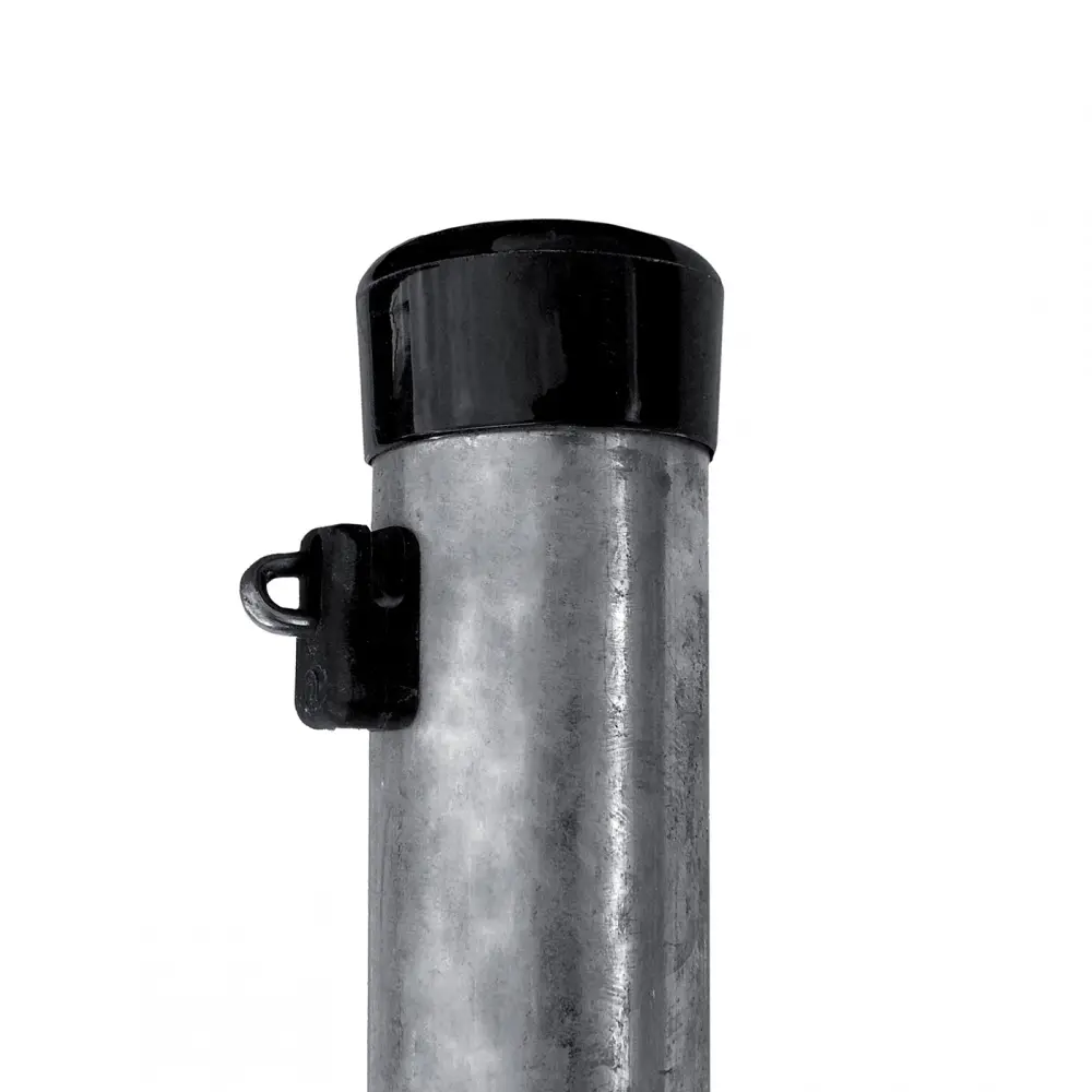Stâlp gard rotund zincat D 48 mm, 2400 mm – capăt cu capac negru și colier