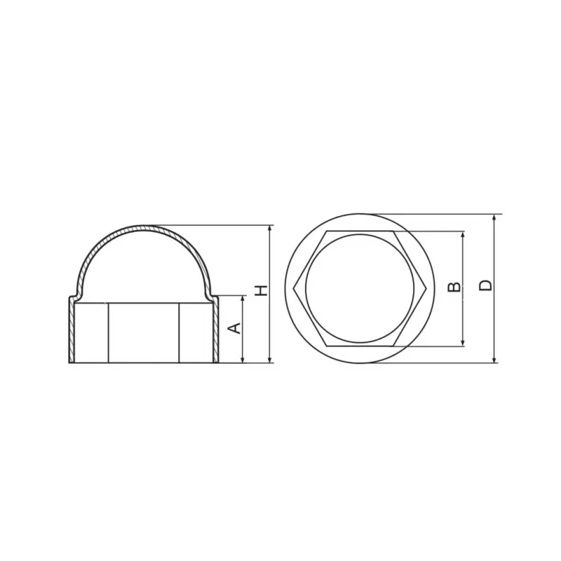 Accesoriu de gard: capac PVC pentru piuliță M8, negru RAL 9005 – desen tehnic, vedere frontală și laterală