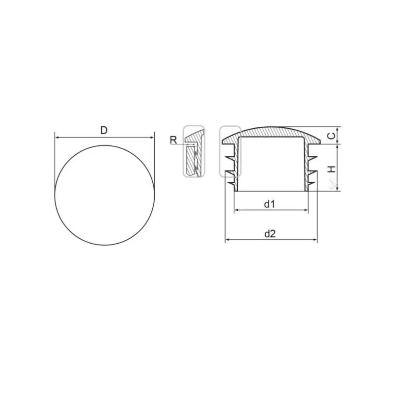 Accesoriu de gard: capac tip dop PVC D16 mm, negru RAL 9005 – desen tehnic cu cote d1, d2, R